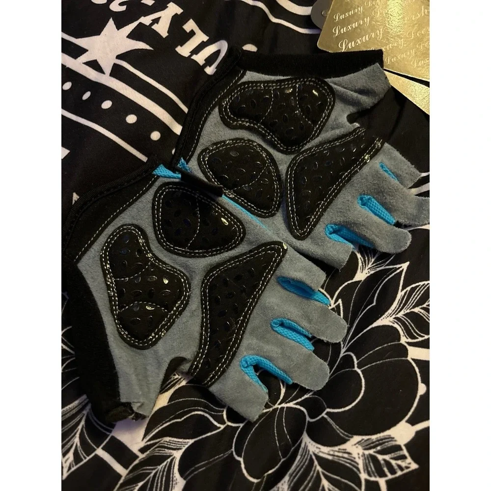 NEW Ozero Deerskin Suede‎ Blue & Black Fingerless Cycling Gloves, Small